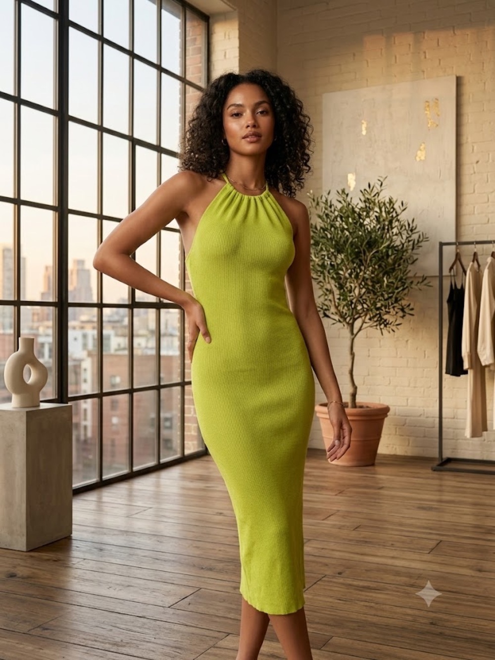 Eye Candy Couture Lime Green Ribbed Knit Halter Midi Dress Size S Slit